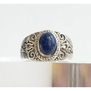 Lapis Lazuli Oval Cut Gemstone Art Nouveau Sterling Silver Vintage Ring sz 8.75